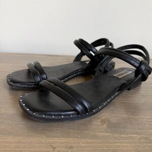 Steve Madden Womens 8.5 Black Faux Leather Jeanna Studded Square Toe Flat Sandal